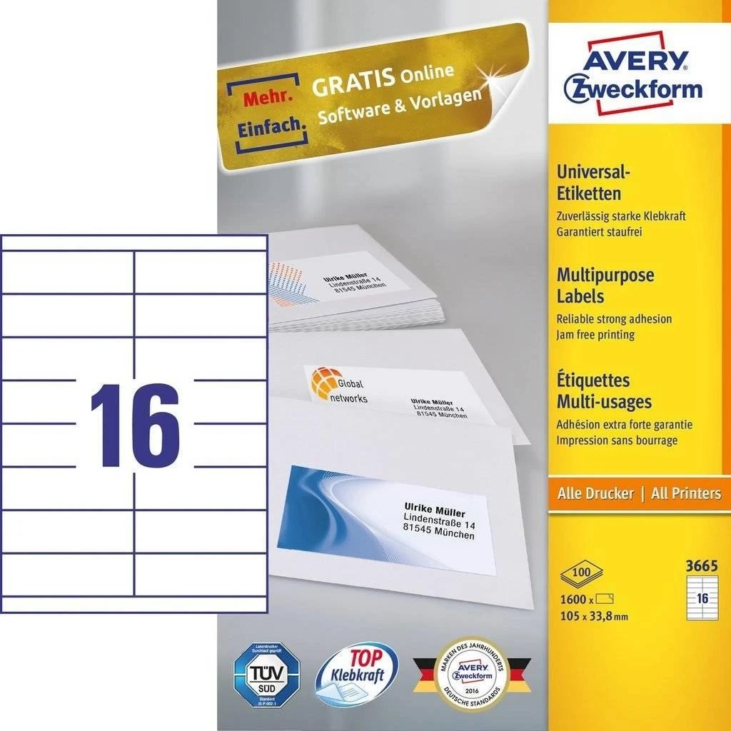 Lipnios etiketės Avery Zweckform, A4, 105×33,8mm, 16 etikečių lape, 100 lapų, baltos spalvos