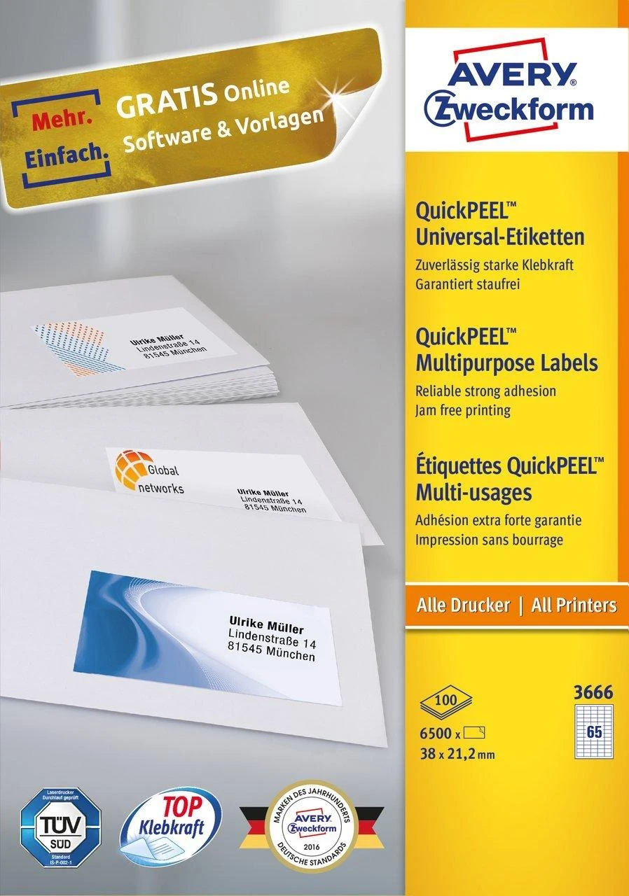 Lipnios etiketės Avery Zweckform, A4, 38×21.2mm, 65 etiketes lape, 100 lapų, baltos spalvos