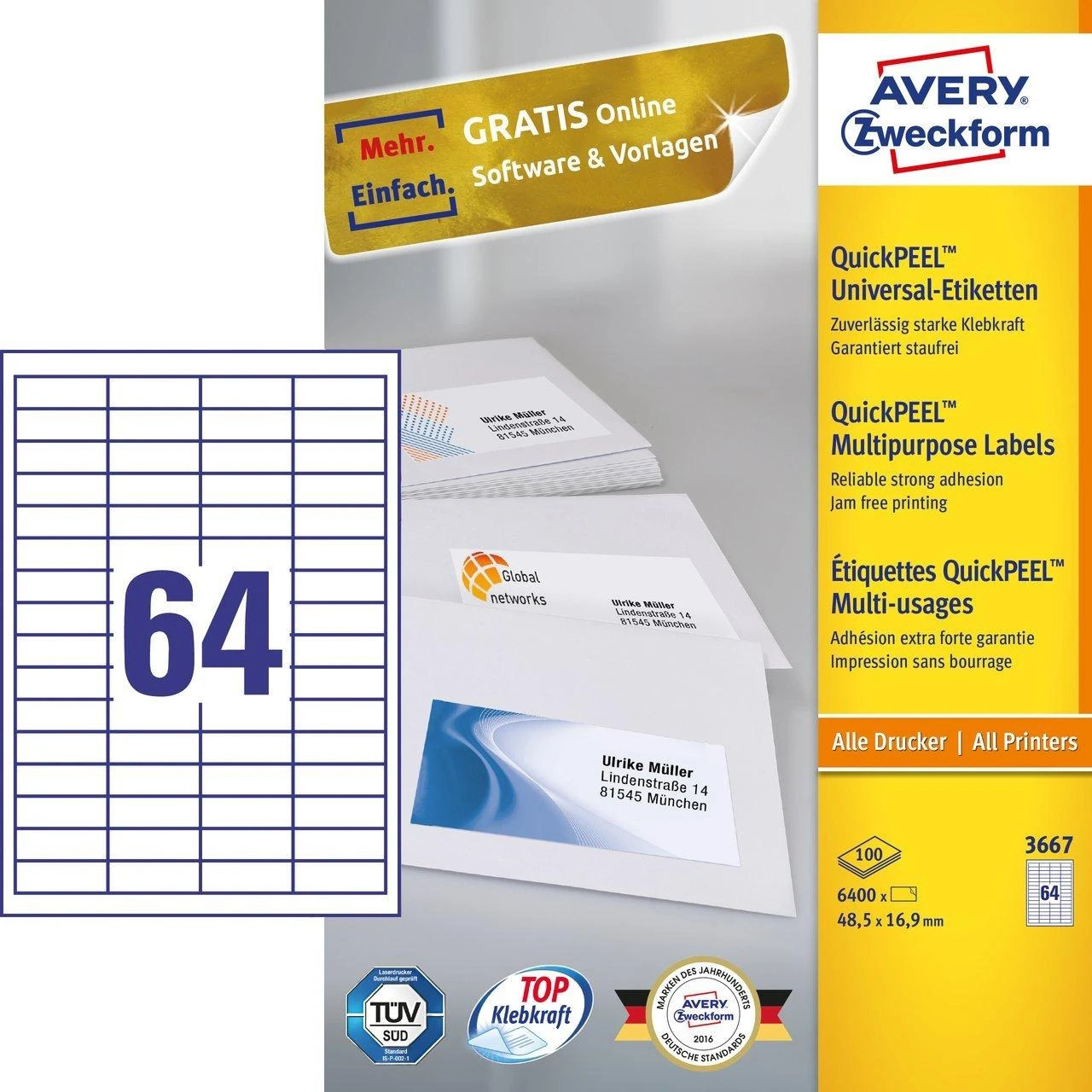Lipnios etiketės Avery Zweckform, A4, 48,5×16,9mm, 64 etiketės lape, 100 lapų, baltos spalvos