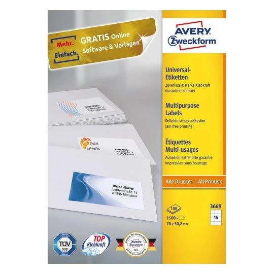 Lipnios etiketės Avery Zweckform, A4, 70×50,8mm, 15 etikečių lape, 100 lapų, baltos spalvos