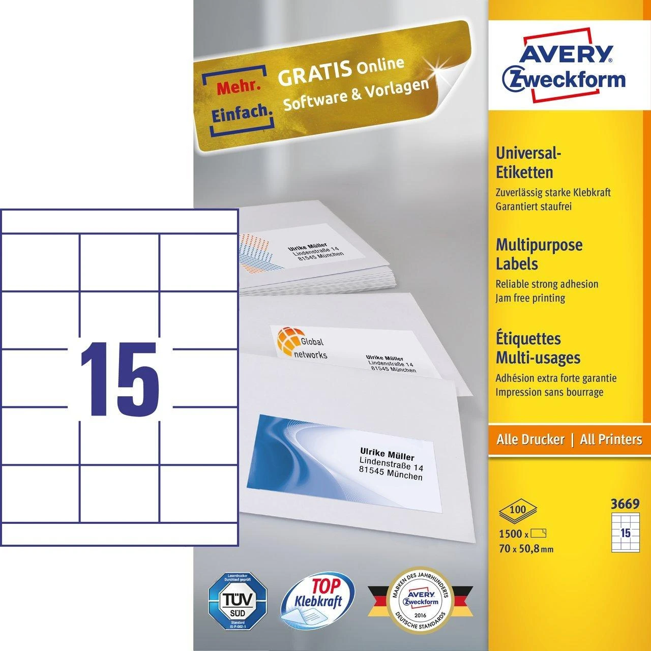 Lipnios etiketės Avery Zweckform, A4, 70×50,8mm, 15 etikečių lape, 100 lapų, baltos spalvos