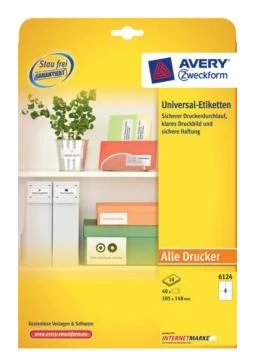 Avery Universalus bendrosios paskirties etiketės, 105 x 148 mm, balta, spausdintuvui, 40 vnt