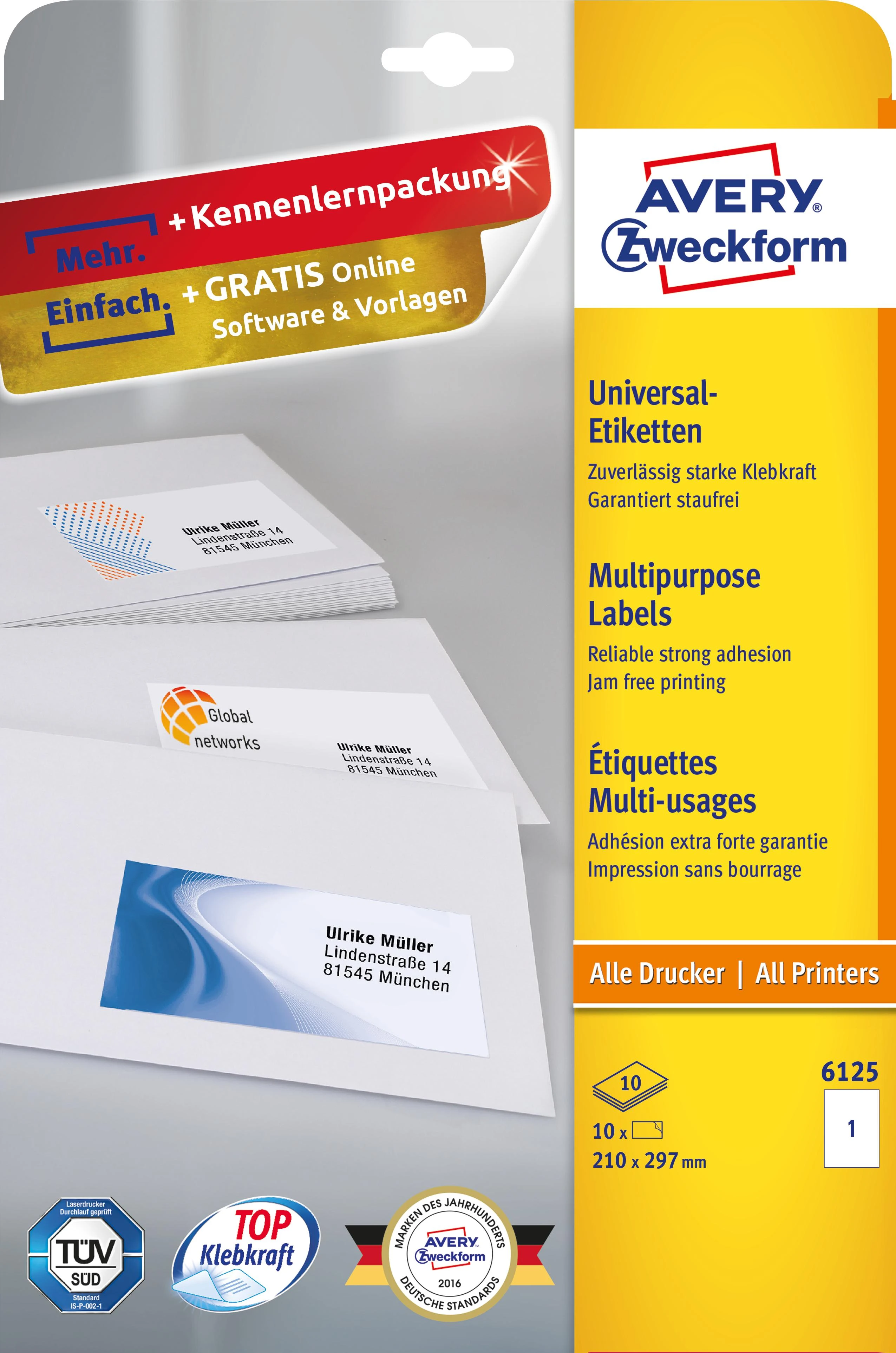 Avery „Zweckform“ universalios bendrosios paskirties etiketės, 210 x 297 mm, baltos, spausdintuvui, 10 vnt. -6125