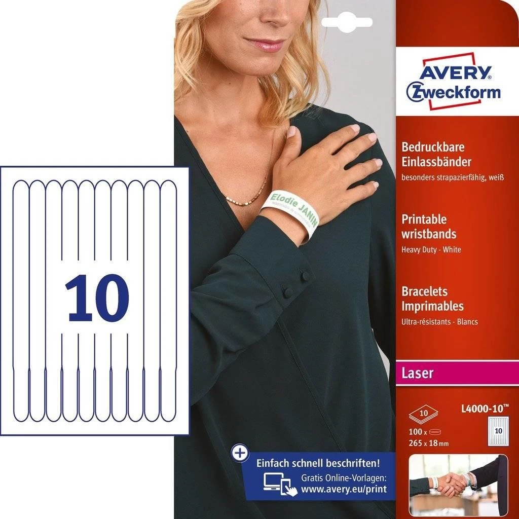 Avery Zweckform Spausdinamos identifikavimo apyrankės A4 10 lapų 265 x 18 mm balta poliesterio folija