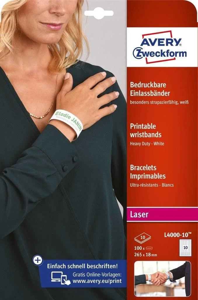 Avery Zweckform Spausdinamos identifikavimo apyrankės A4 10 lapų 265 x 18 mm balta poliesterio folija