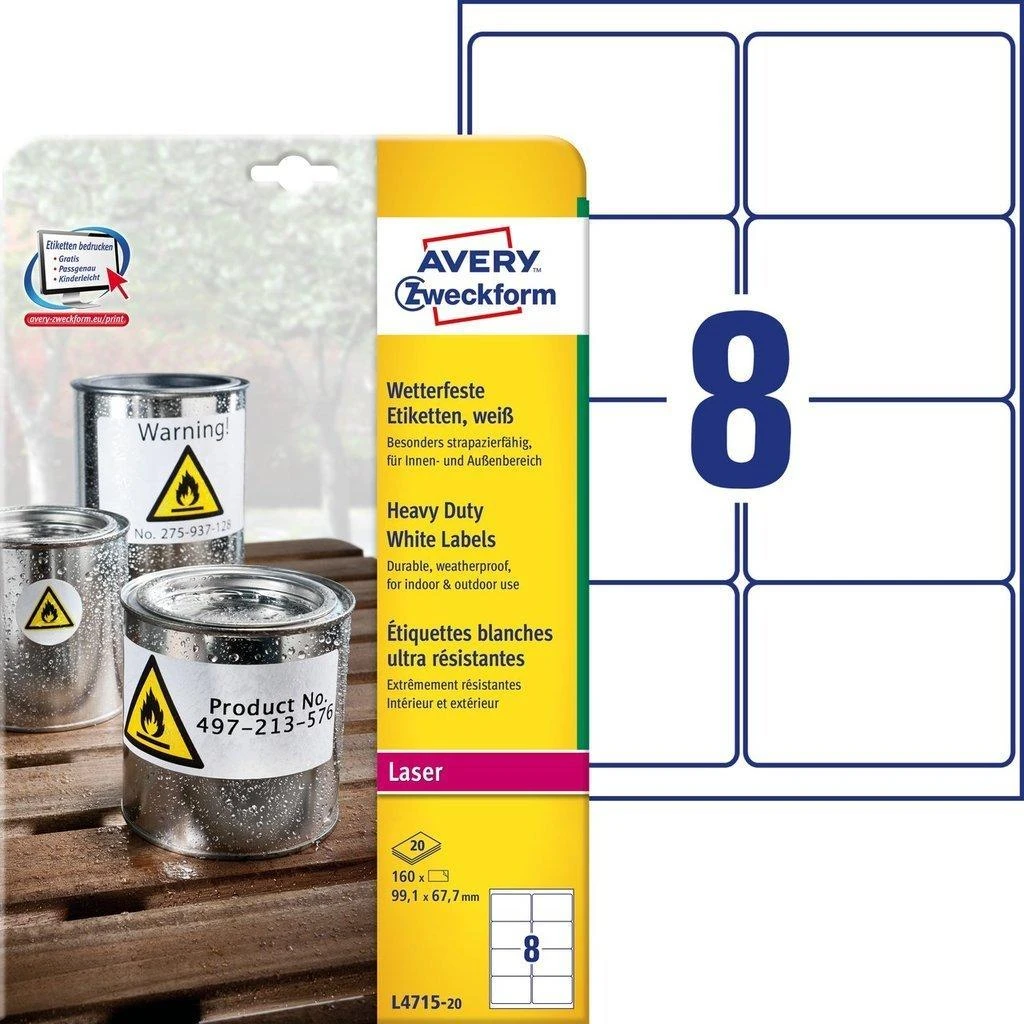 Lipnios etiketės Avery Zweckform, A4, atsparios drėgmei, 99.1×67.7mm, 8 etiketės lape, 20 lapų, baltos spalvos