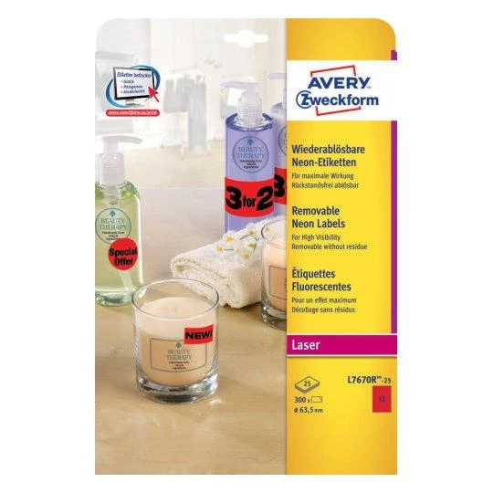 Avery Zweckform Neon etiketė 25 apvalus raudona 63,5 mm 300 apskritimai (L7670R-25)
