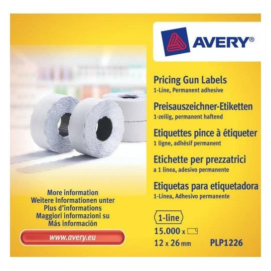 Avery Roll-up kainų etiketės vienos eilės ženklinimo mašinoms; visam laikui; 1500 etikečių / ritinys; 10 ritinių/pak.; 12 x 26 mm, balta