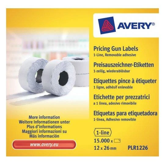 Avery Rulonėlyje kainų etiketės vienaeiliui ženklintuvui; nuimamas; 1500 etikečių / ritinys; 10 ritinių/pak.; 12x26mm, balta
