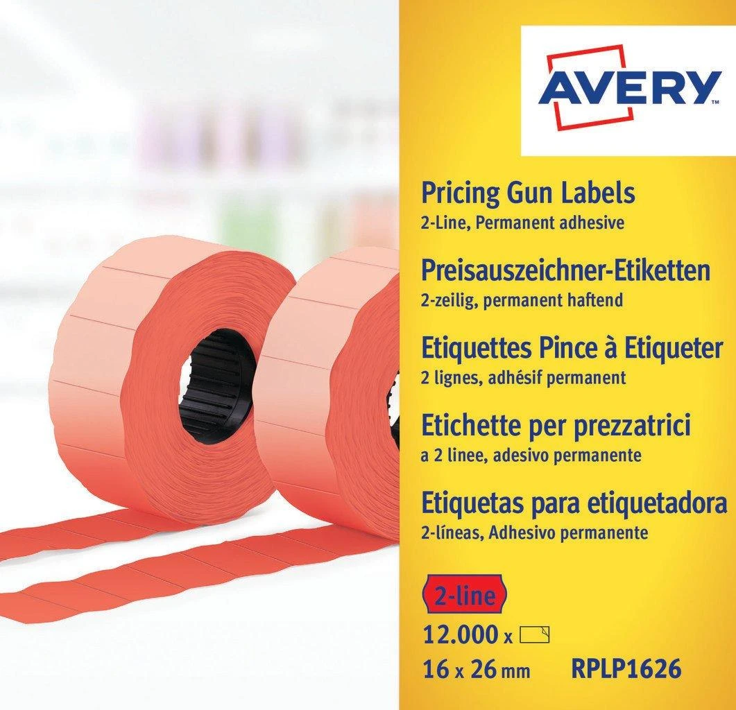 Avery Rulonėlyje kainų etiketės dvieiliui ženklintuvui; visam laikui; 1200 etikečių / ritinys; 10 ritinių/pak.; 16 x 26 mm, raudona
