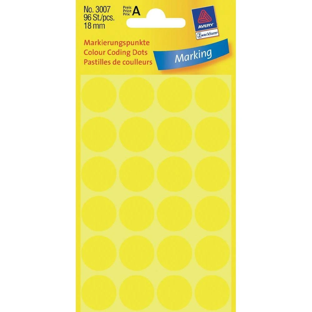 Lipdukai Avery Zweckform, apvalūs, Ø18mm, 96vnt pakuotėje, geltonos spalvos
