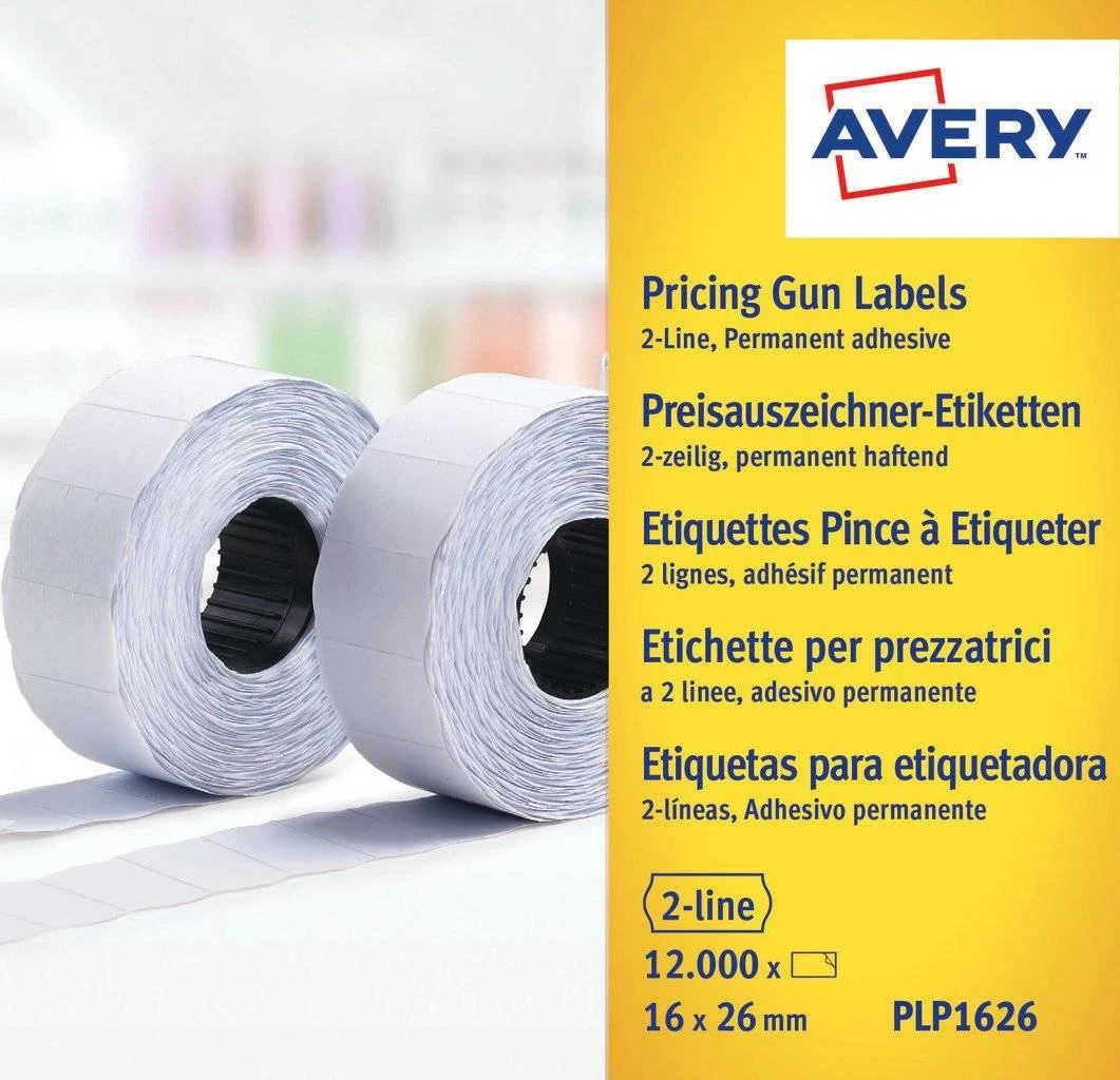 Avery Rulonėlyje kainų etiketės dvieiliui ženklintuvui; visam laikui; 1200 etikečių / ritinys; 10 ritinių/pak.; 16 x 26 mm, balta