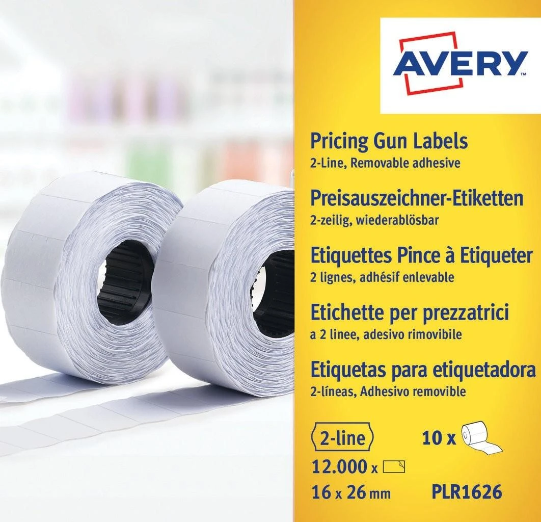 „Avery Price“ etiketės, susuktos dviejų eilučių etikečių klijavimui; nuimamas; 1200 etikečių / ritinys; 10 ritinių/pak.; 16 x 26 mm, balta