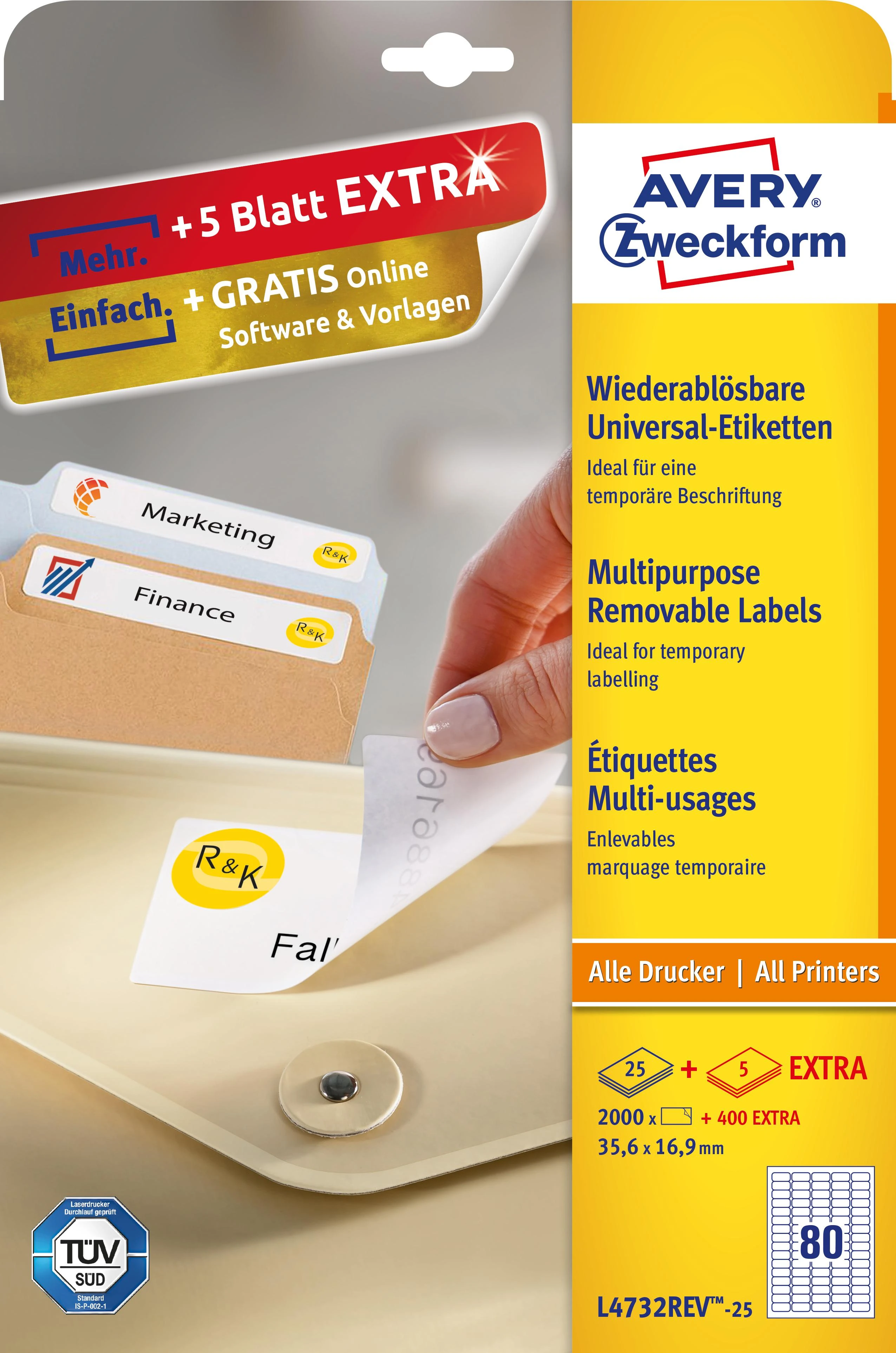 Lipnios etiketės Avery Zweckform, A4, nuimamos, 35.6×16.9mm, 25 lapai, baltos spalvos