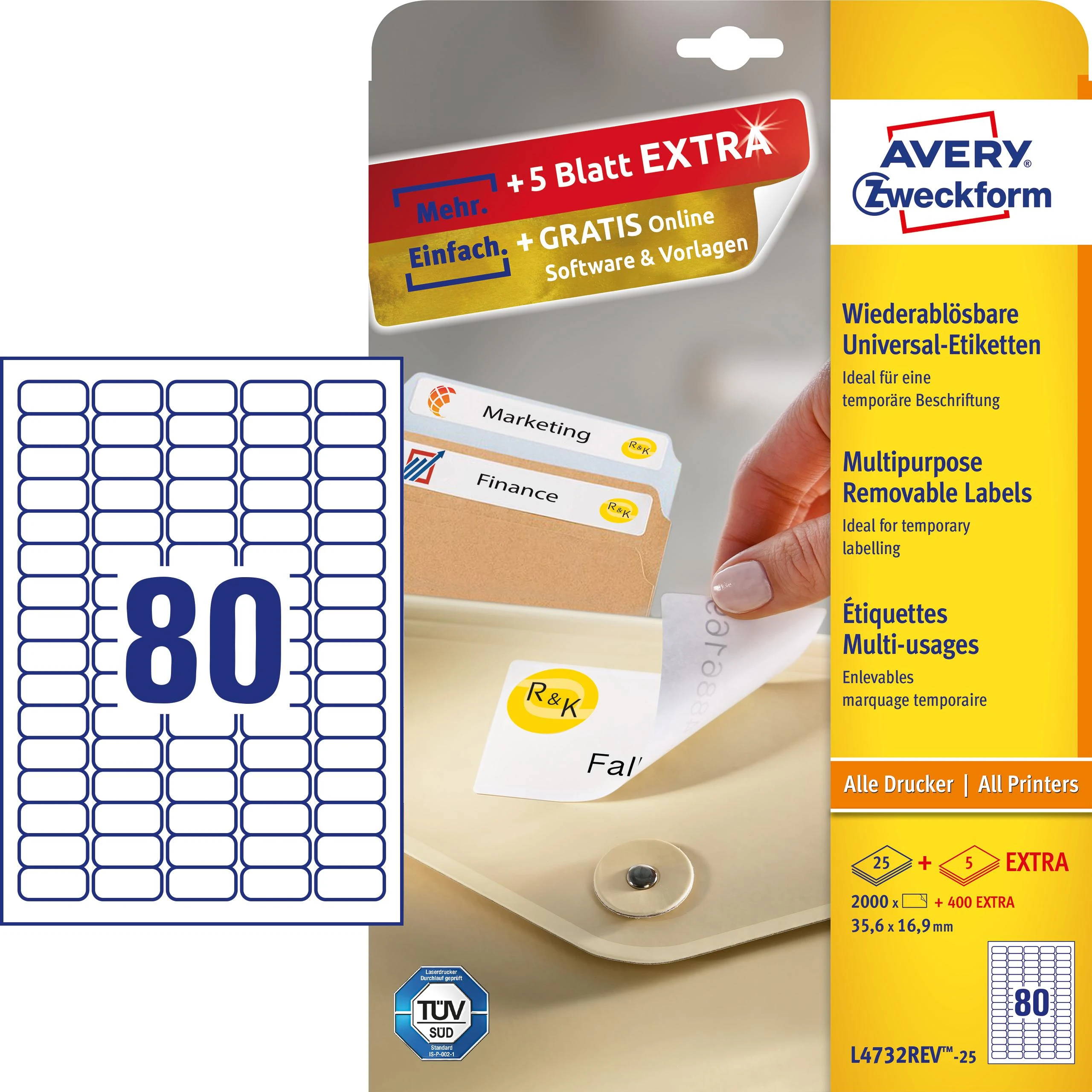 Lipnios etiketės Avery Zweckform, A4, nuimamos, 35.6×16.9mm, 25 lapai, baltos spalvos