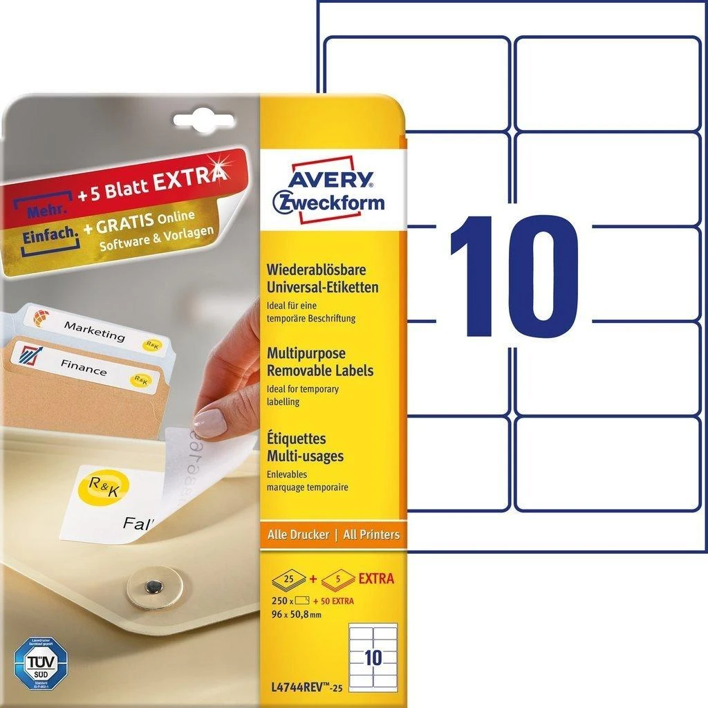 Avery Zweckform L4744REV-25 - Baltas - Stačiakampis - Nuimamas - Baltas ant skaidraus - DIN A4 - Universalus
