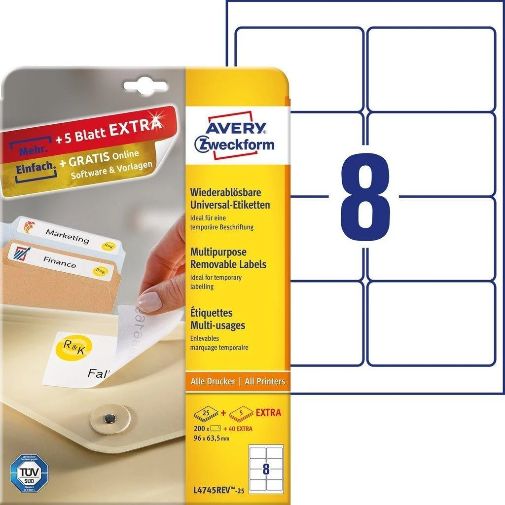 Avery Zweckform universalios nuimamos etiketės, 96 x 63,5 mm (L4745REV-25)