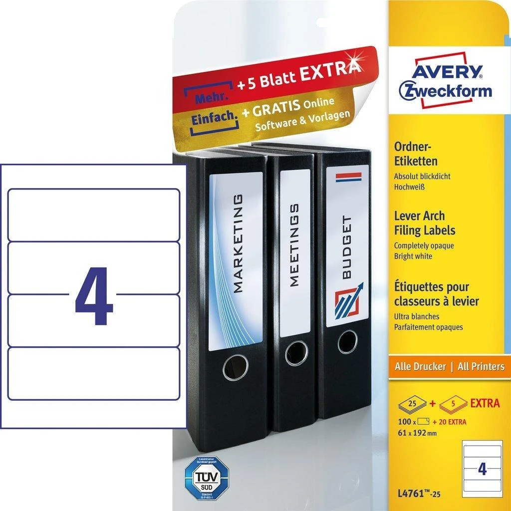 Lipnios etiketės segtuvams Avery Zweckform, A4, 192x61mm, pakuotėje 25 lapai, baltos spalvos
