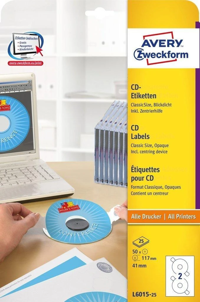 Avery Zweckform kompaktinių diskų etiketės 117 mm, 25 lapai (L6015-25)