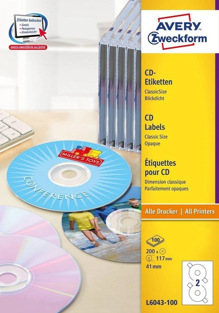 Lipnios etiketės Avery Zweckform CD, A4, 117mm, 2 etiketės lape, 100 lapų, baltos spalvos