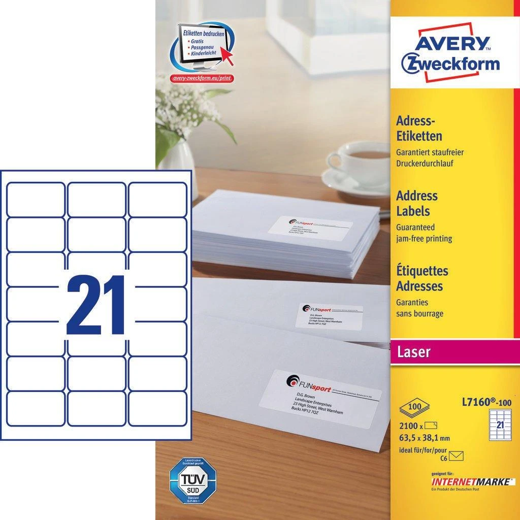 Avery Zweckform LABELZF 7160 63.5X38.1 100 LAPŲ / 2100 ETIKETĖ - 7160-100