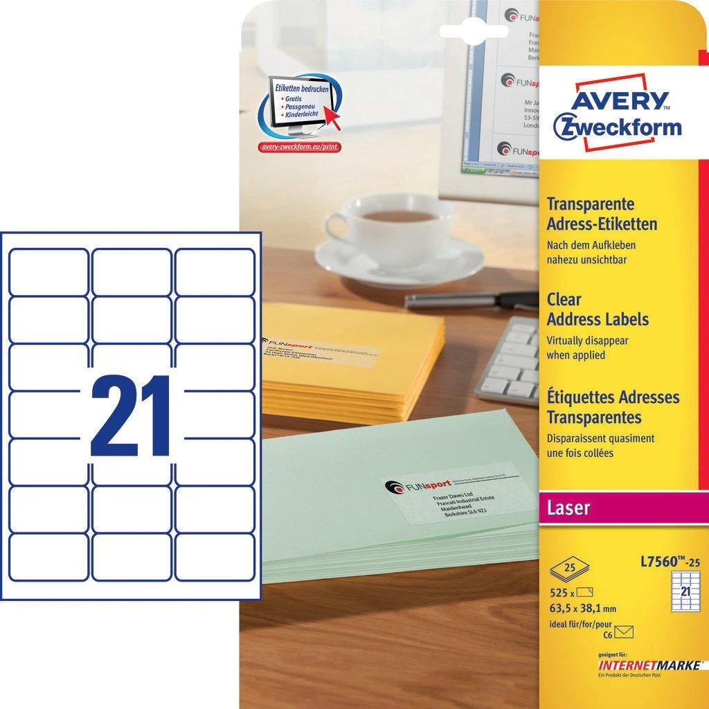 Skaidrios lipnios etiketės Avery Zweckform, A4, 63,5×38,1mm, 21 etiketės lape, 25 lapai