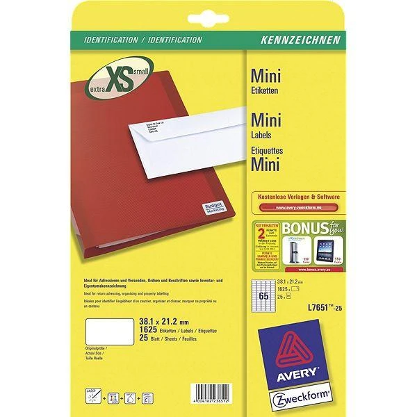Avery Zweckform adresų etiketės 38,1 x 21,2 mm vokams (L7651-25)