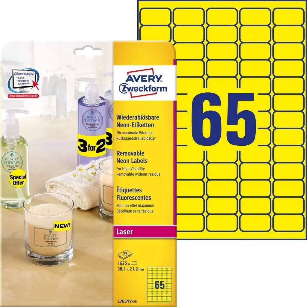„Avery Zweckform Gelton“ neoninės etiketės, 38,1 x 21,2 mm (L7651Y-25)