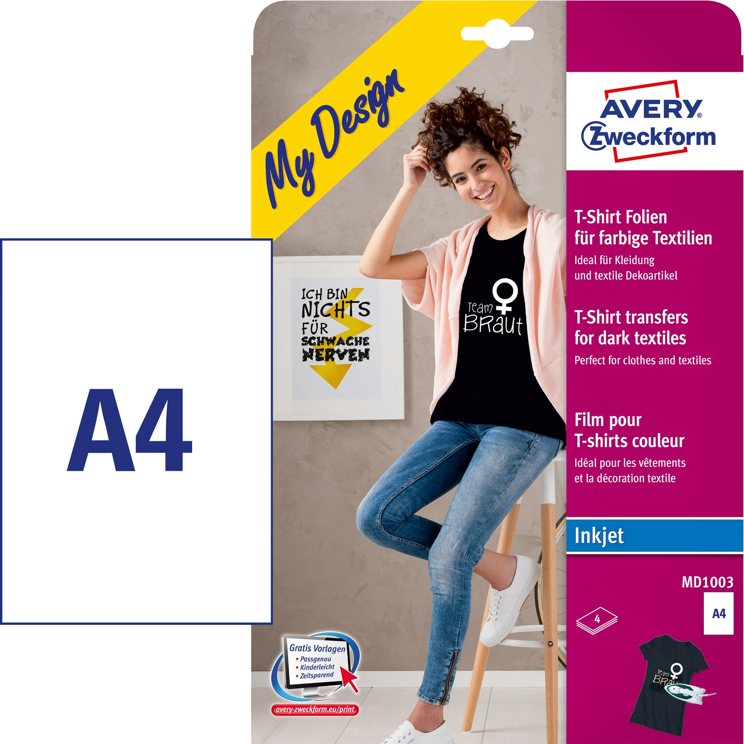 Avery Zweckform Lyginamos folijos spalvotiems audiniams A4 4 lapai perkėlimo folijos + 4 lakštai silikoninio popieriaus