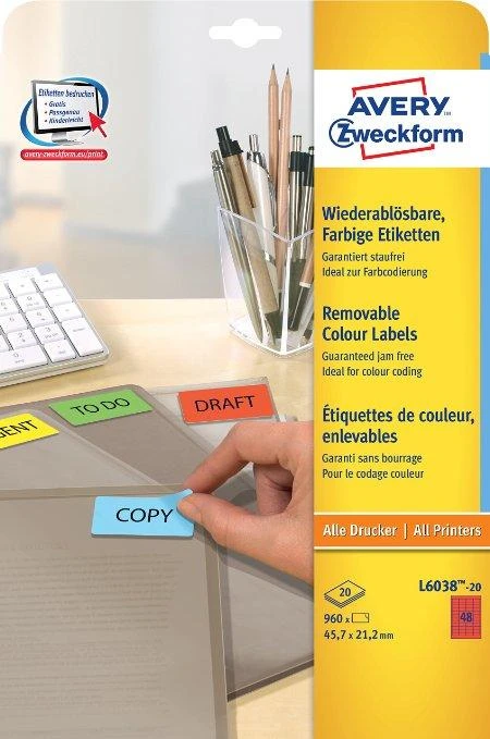 Avery Zweckform Nuimamos spalvos etiketės 45,7 x 21,2 mm raudona (L6038-20)
