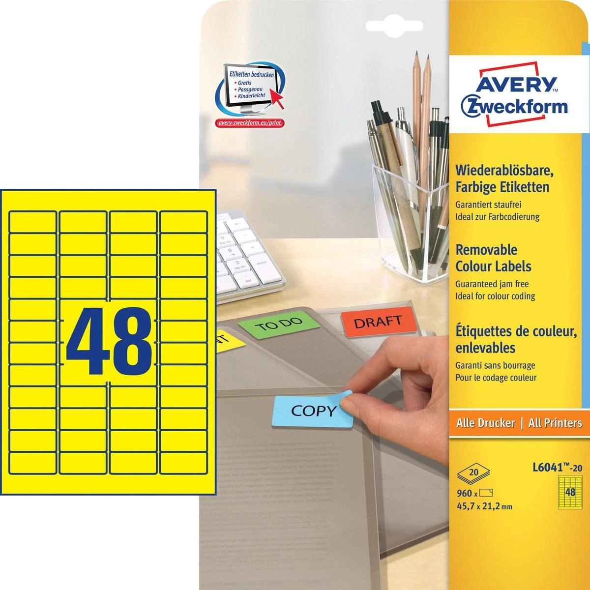 „Avery Zweckform“ nuimamos spalvotos etiketės, 45,7 x 21,2 mm „Geltona“ (L6041-20)