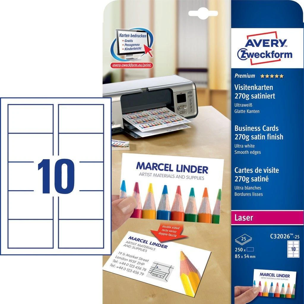 Avery Zweckform vizitinių kortelių popierius 85x54mm (C32026-25)
