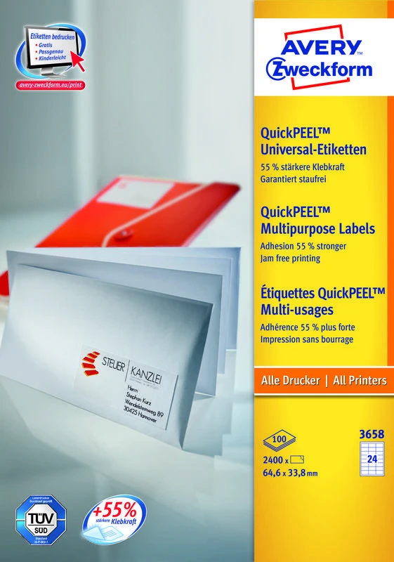 Lipnios etiketės Avery Zweckform, A4, 64.6×33.8, 24 etiketės lape, 100 lapų, baltos spalvos