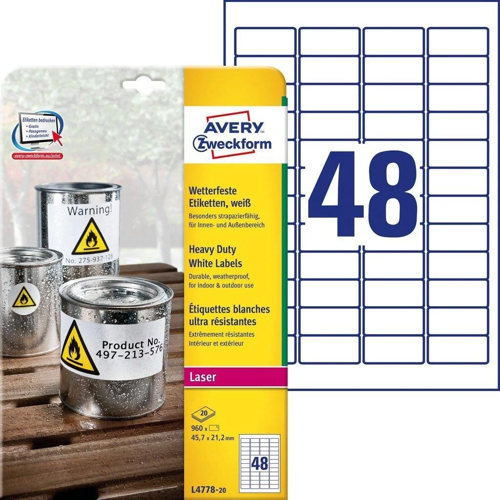 Lipnios etiketės Avery Zweckform, A4, atsparios drėgmei, 45,7×21,2mm, 48 etiketės lape, 20 lapų, baltos spalvos