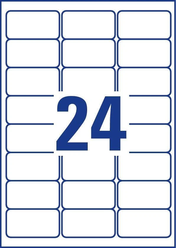 Lipnios etiketės Avery Zweckform, A4, atsparios drėgmei, 63.5×33.9mm, 24 etiketės lape, 20 lapų, matinės, permanentinės, baltos spalvos