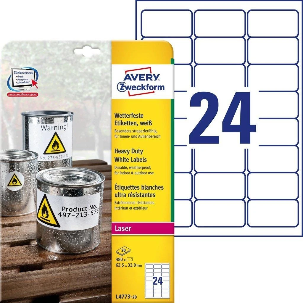 Lipnios etiketės Avery Zweckform, A4, atsparios drėgmei, 63.5×33.9mm, 24 etiketės lape, 20 lapų, matinės, permanentinės, baltos spalvos