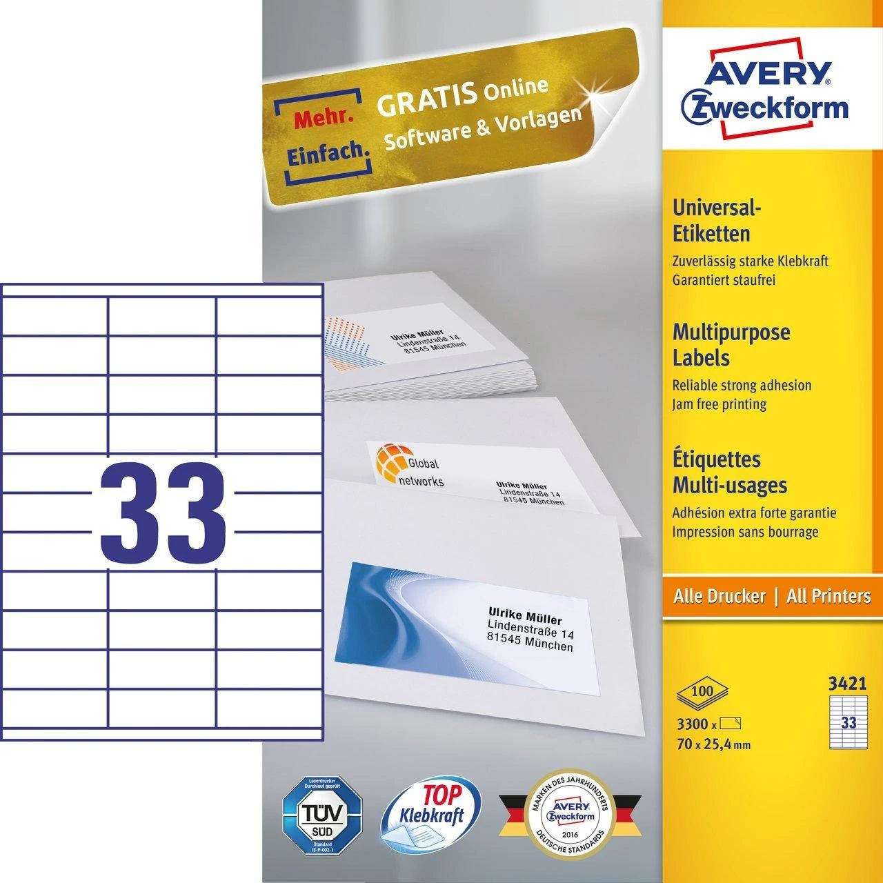 Lipnios etiketės Avery Zweckform. A4. 70×25.4mm. 33 etiketės lape. 100 lapų. baltos spalvos