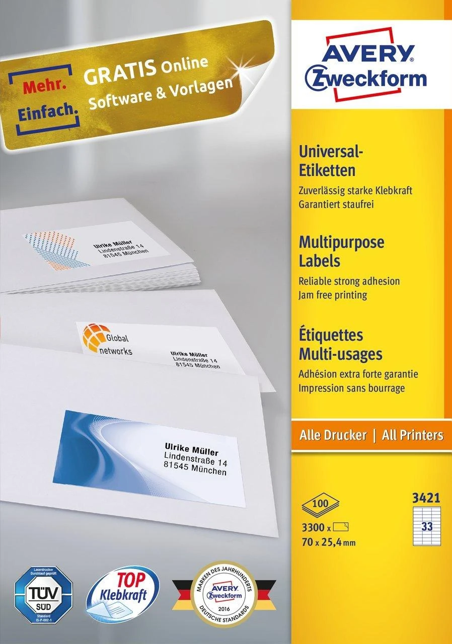 Lipnios etiketės Avery Zweckform. A4. 70×25.4mm. 33 etiketės lape. 100 lapų. baltos spalvos
