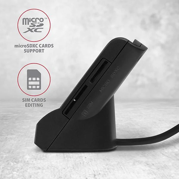 Axagon stalinio stovo skaitytuvas Išmanioji kortelė / ID kortelė AXAGON CRE-SM2 su USB 2.0 sąsaja turi SD, Micro SD ir SIM kortelių lizdus.