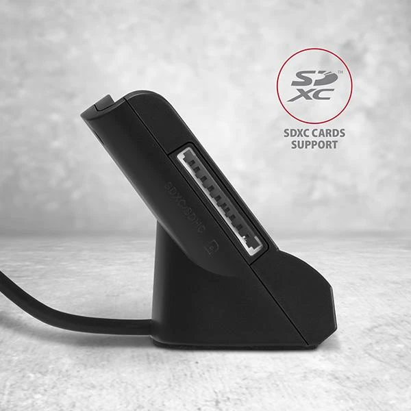 Axagon stalinio stovo skaitytuvas Išmanioji kortelė / ID kortelė AXAGON CRE-SM2 su USB 2.0 sąsaja turi SD, Micro SD ir SIM kortelių lizdus.