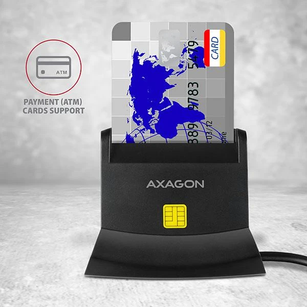 Axagon stalinio stovo skaitytuvas Išmanioji kortelė / ID kortelė AXAGON CRE-SM2 su USB 2.0 sąsaja turi SD, Micro SD ir SIM kortelių lizdus.