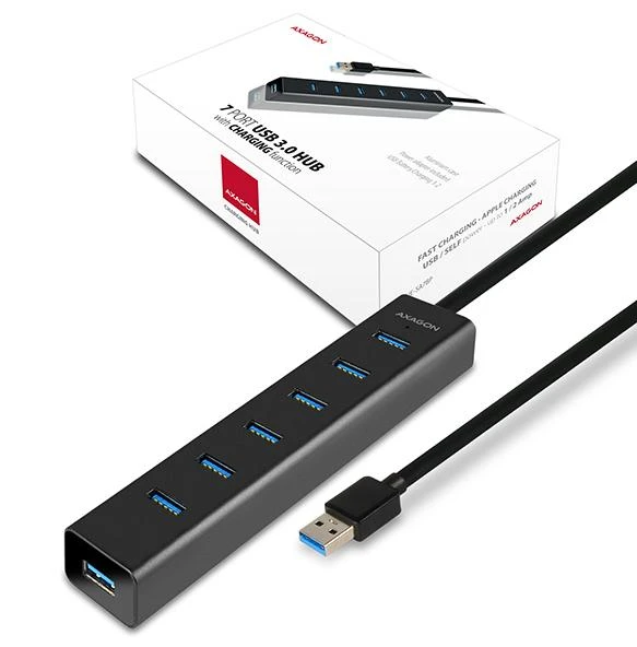 AXAGON HUE-SA7BP 7x USB3.0 ALU įkrovimo šakutė, įsk. AC Adapteris, Juodas