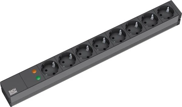 Bachmann 19" lizdo juosta ALU 1U ÜSS, 8 krypčių, juoda 2,0 m, be jungiklio