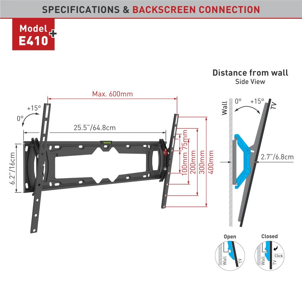 Barkan Flat/ Curved TV Wall Mount E410+ Sieninis laikiklis, Pakreiptas, 32-90 ", Maksimalus svoris (talpa) 60 kg, Juodas