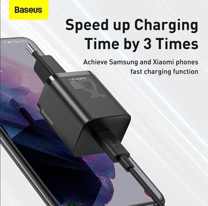 Baseus Super Si greitas įkroviklis 1C 25W su USB-C - USB-C kabelis 1m - Juodas