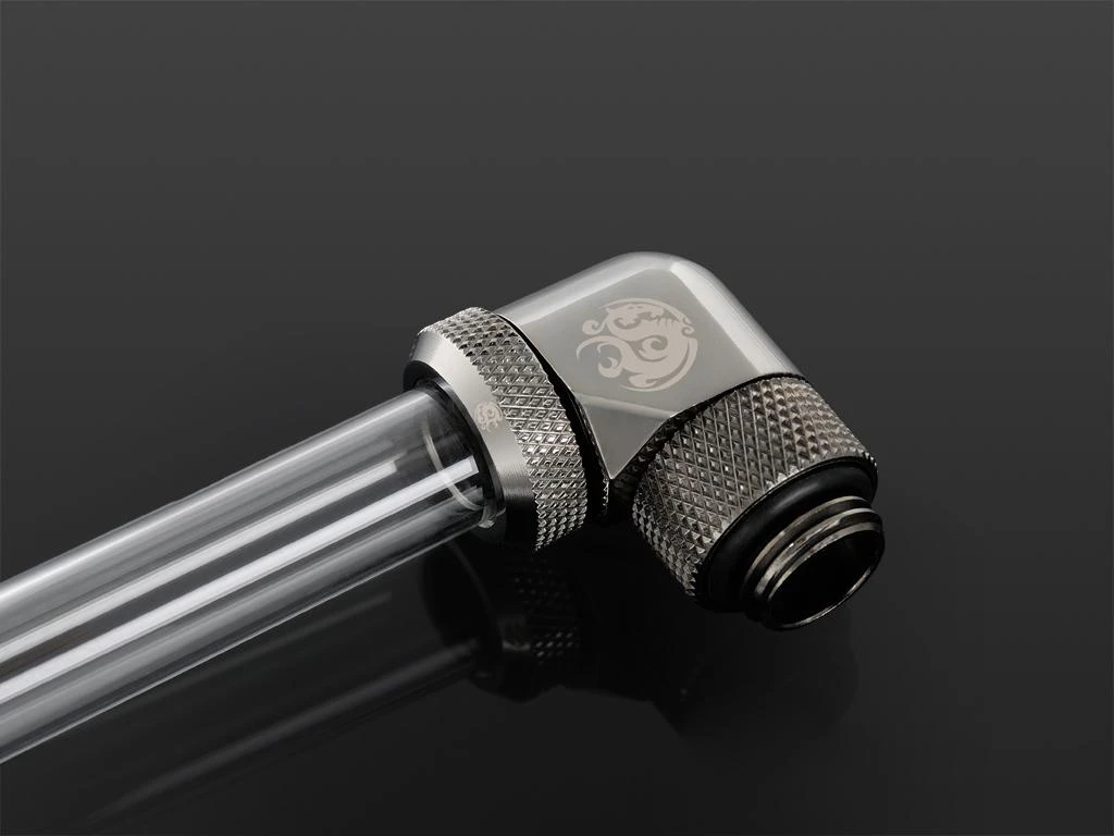 „Bitspower“ daugiajungtis adapteris, 90 laipsnių G1/4 colio AG ir 12 mm išorinio skersmens kietojo vamzdžio jungtis, pasukama, pilkas