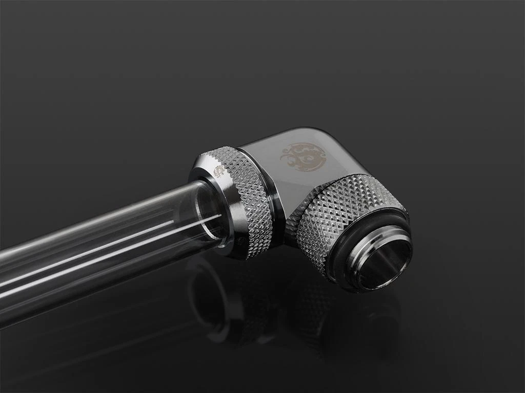 Bitspower Multi-Link Adapteris Anschluss 90 Grad G1/4 col. AG auf 12mm AD Hardtube – drehbar, sidabrinis