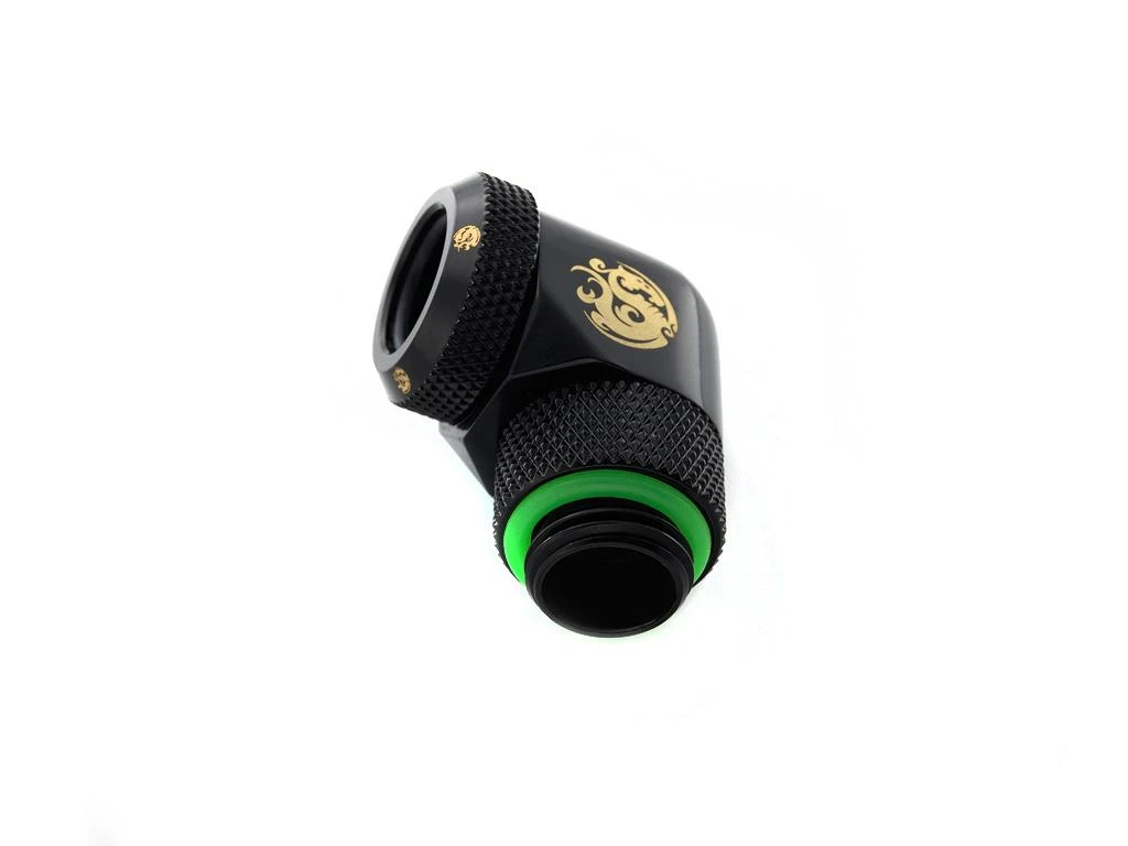 „Bitspower“ daugiajungtis adapteris, 90 laipsnių G1/4 colio vidinis sriegis ir 12 mm išorinio skersmens kietas vamzdis - pasukamas, juodas