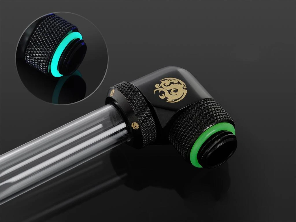 „Bitspower“ daugiajungtis adapteris, 90 laipsnių G1/4 colio vidinis sriegis ir 12 mm išorinio skersmens kietas vamzdis - pasukamas, juodas