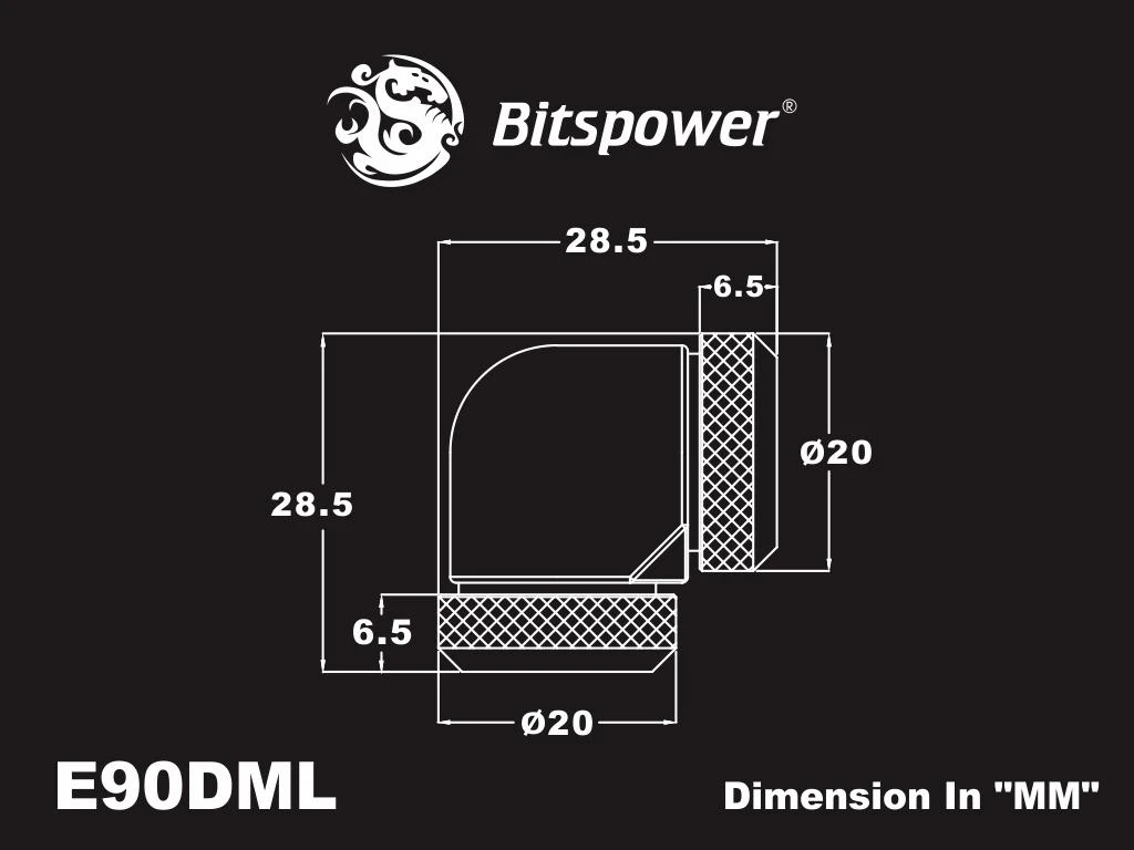 Bitspower 90 laipsnių adapterio techninė schema su matmenimis